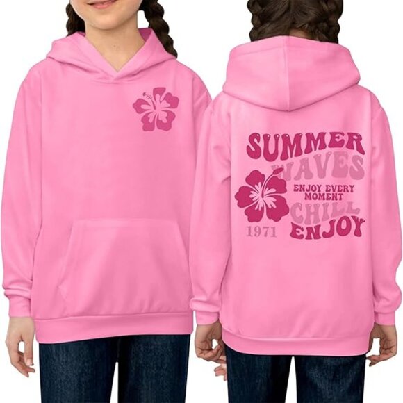 Other - Girl's Pink Palm Puff Long Sleeve Hoodie Summer Waves Sz 160 13/14 Years Old